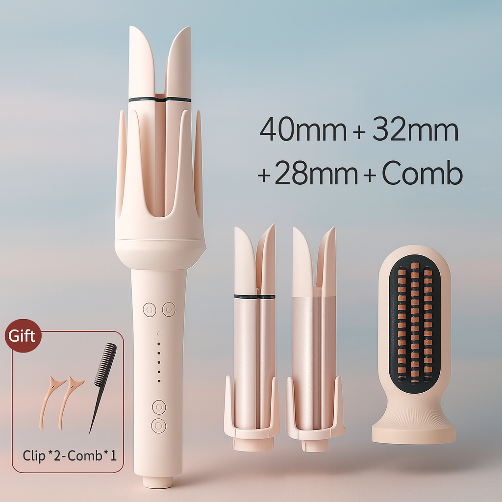 Hair styling tool with interchangeable attachments on a light background