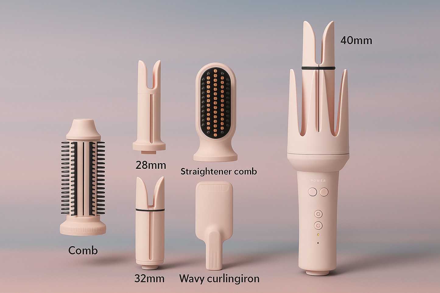 Set of hair styling tools including a comb, straightener comb, wavy