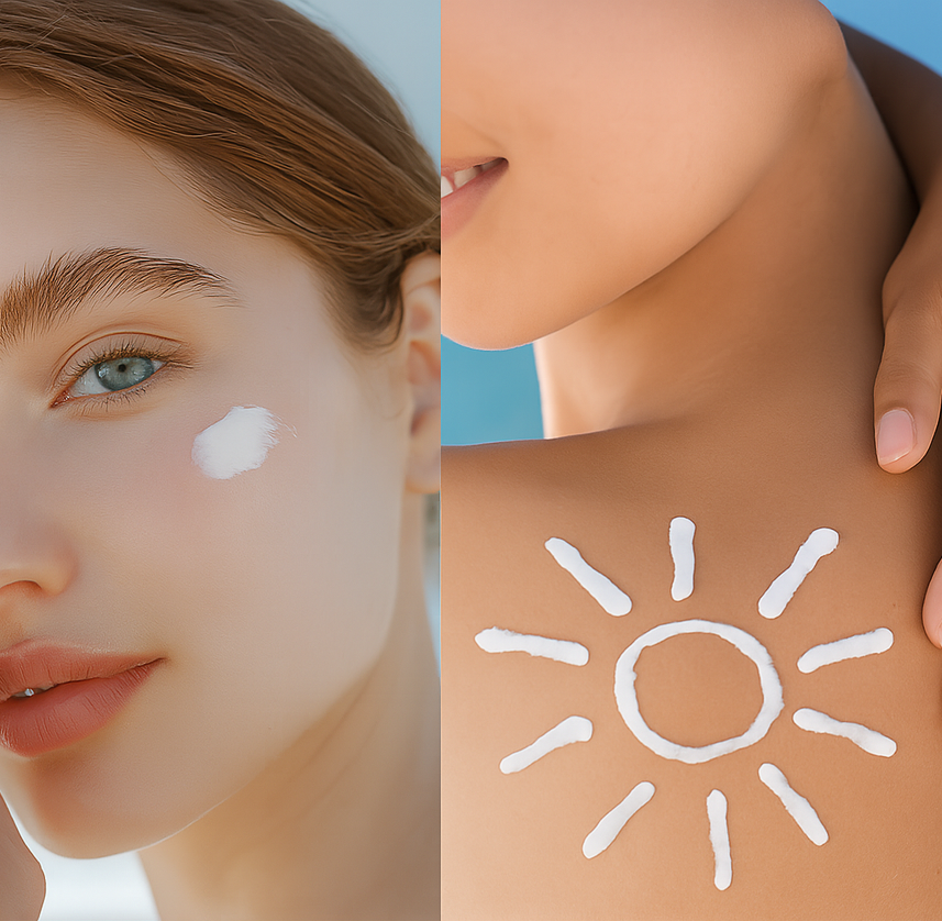 Collage of a woman with sunscreen, a sun symbol on skin, and skincare products.