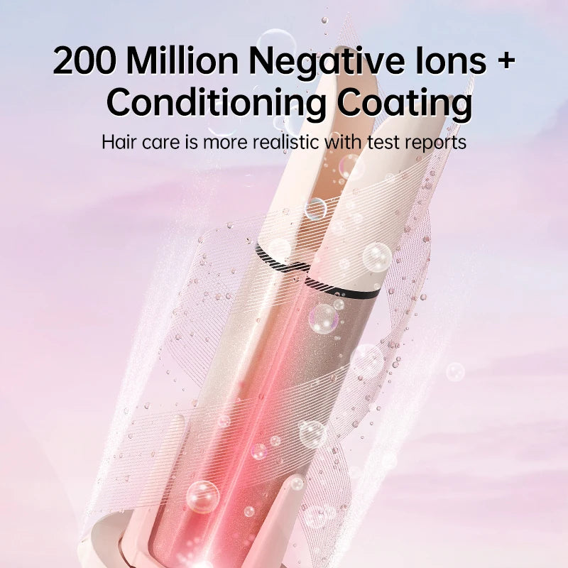 Hair care product with text about negative ions and conditioning coating on a soft pink background