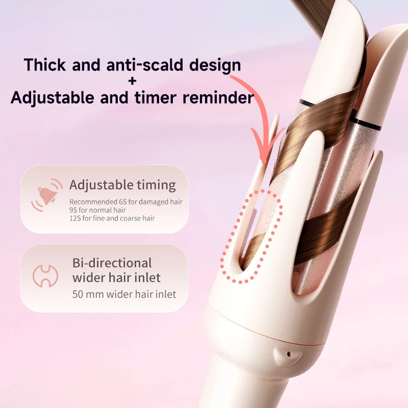 Hair straightening tool with text highlighting features on a pink background