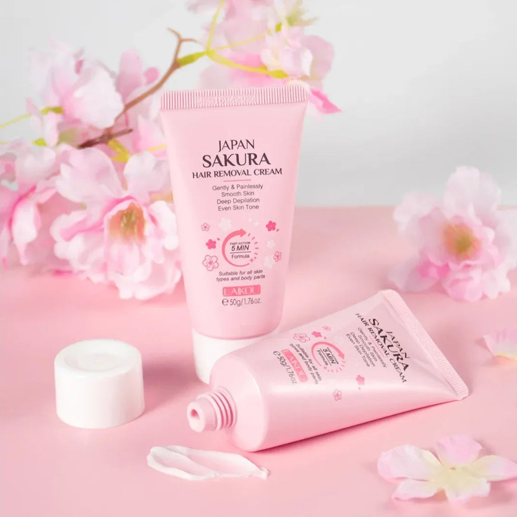 Japan Sakura hair removal cream with cherry blossoms on a pink background