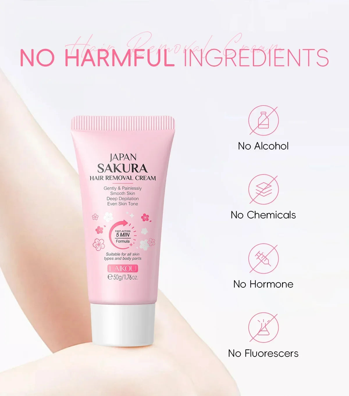 Pink tube of Japan Sakura hair removal cream with icons indicating no harmful ingredients on a light background.