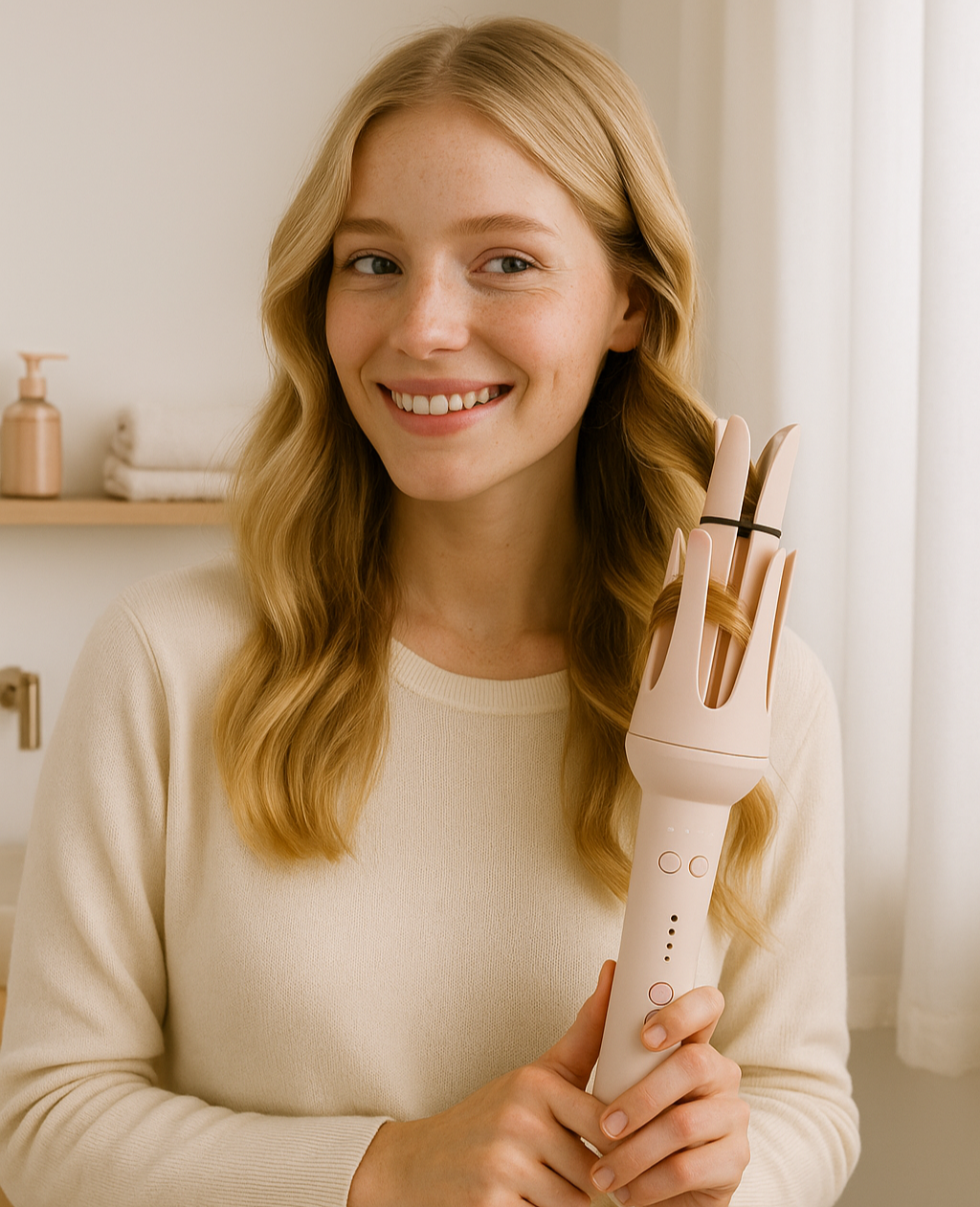 Woman holding a hair straightener in a bathroom setting