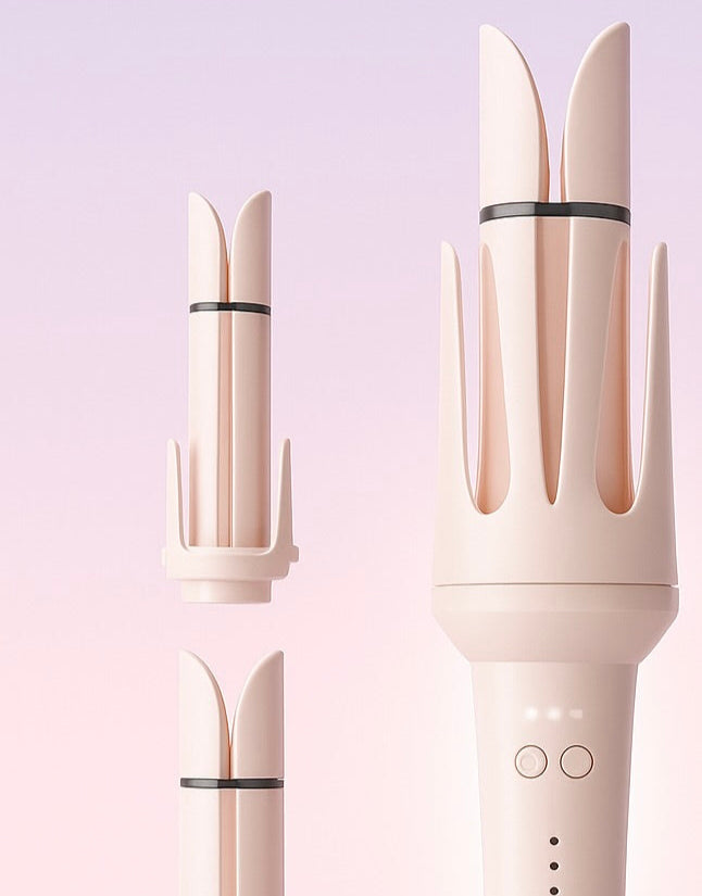hair styling tool with interchangeable nozzles on a light purple background