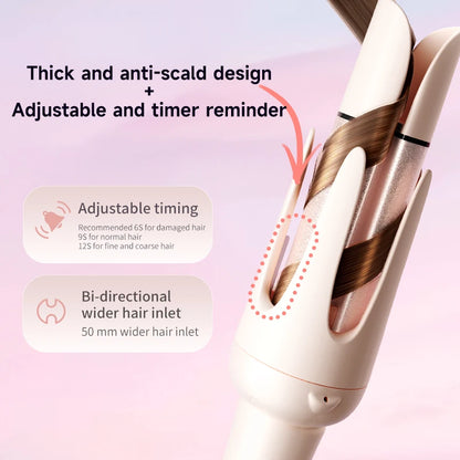 Hair straightening tool with text highlighting features on a pink background