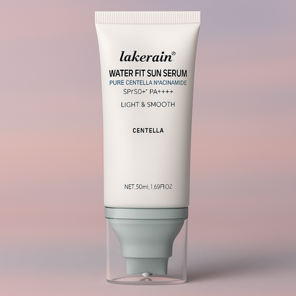 Lakerain Water Fit Sun Serum tube on a gradient background