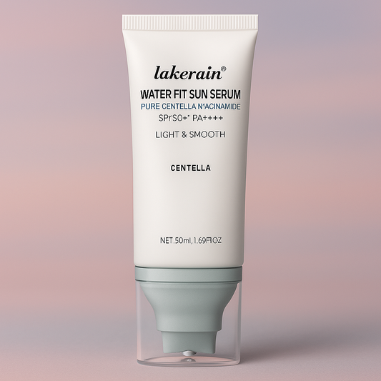 Lakerain Water Fit Sun Serum tube on a gradient background
