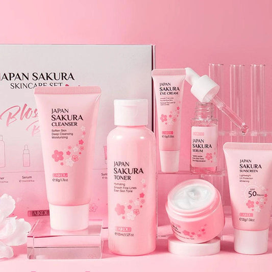 Japan Sakura skincare product set on a pink background