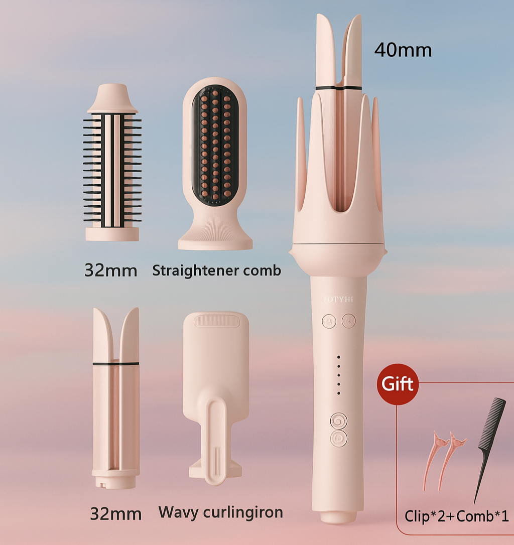 Hair styling tool with interchangeable attachments on a gradient background