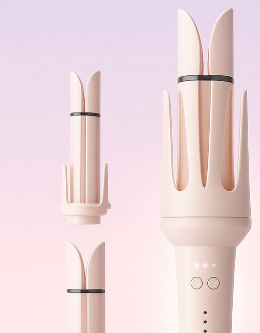 hair styling tool with interchangeable nozzles on a light purple background